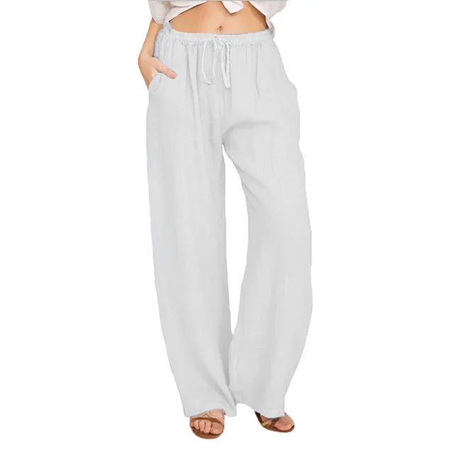 Soft Casual Drawstring Tie Trousers Summer Elastic Waist Loose Jogger Pants With Pockets White - Shop at LoveMi