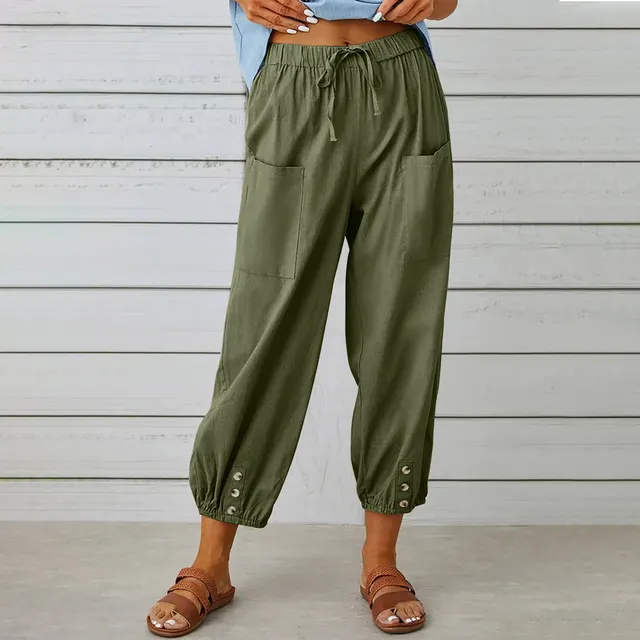 Women Drawstring Tie Pants Spring Summer Cotton And Linen Trousers With Pockets Button Army Green - Shop at LoveMi