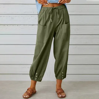 Women Drawstring Tie Pants Spring Summer Cotton And Linen Trousers With Pockets Button - Army Green
