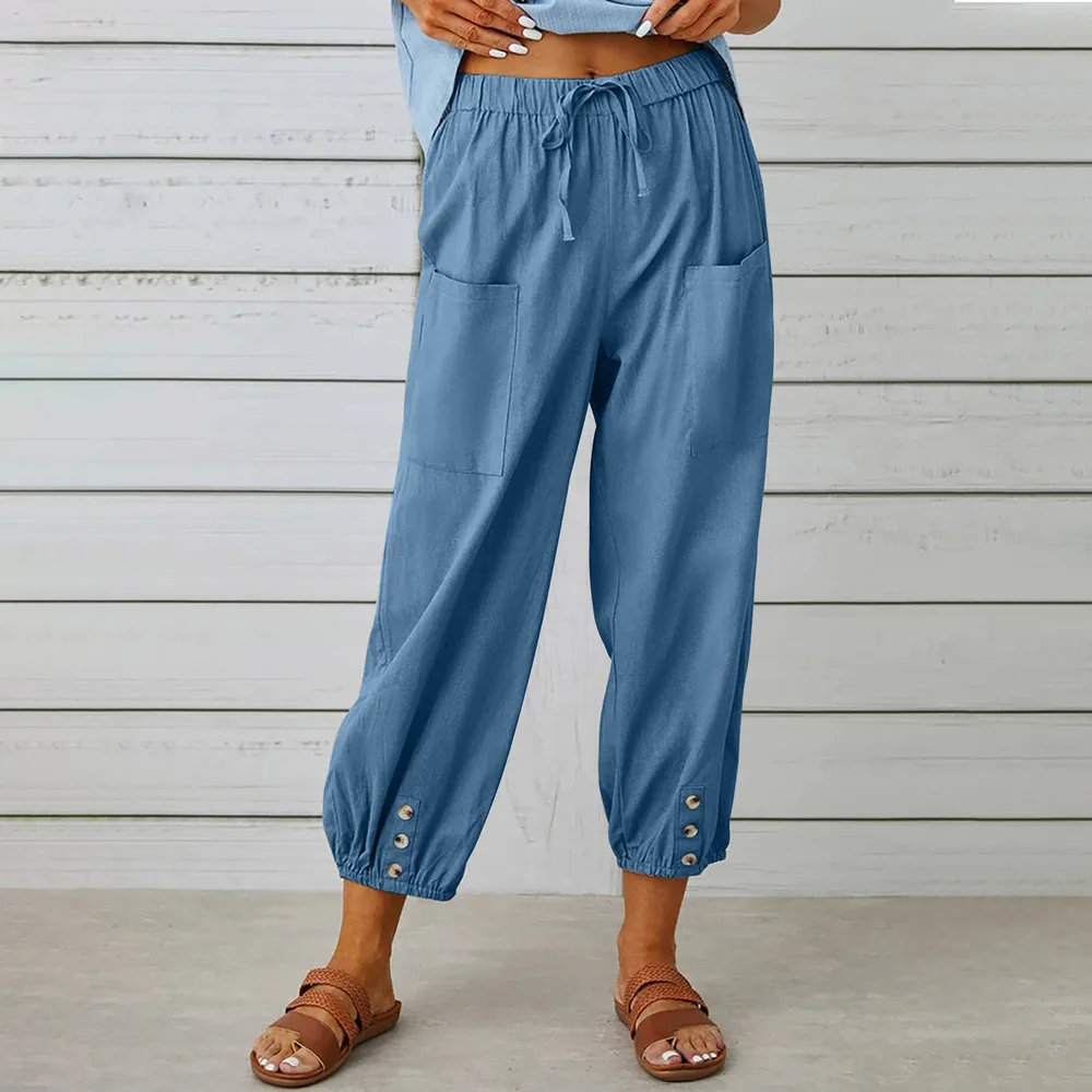 Women Drawstring Tie Pants Spring Summer Cotton And Linen Trousers With Pockets Button - Denim Blue