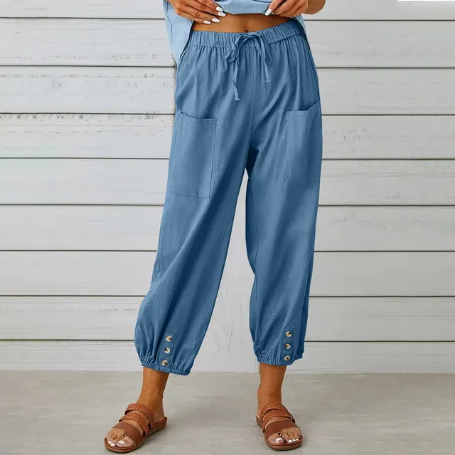 Women Drawstring Tie Pants Spring Summer Cotton And Linen Trousers With Pockets Button Denim Blue - Shop at LoveMi