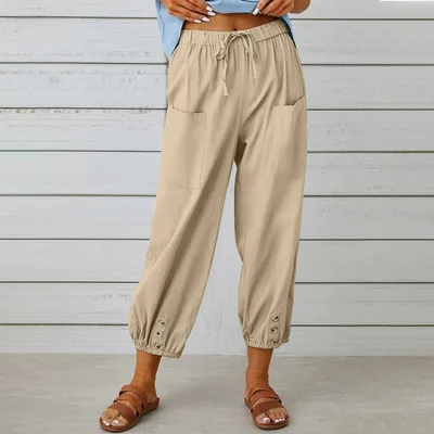 Women Drawstring Tie Pants Spring Summer Cotton And Linen Trousers With Pockets Button Khaki - Shop at LoveMi