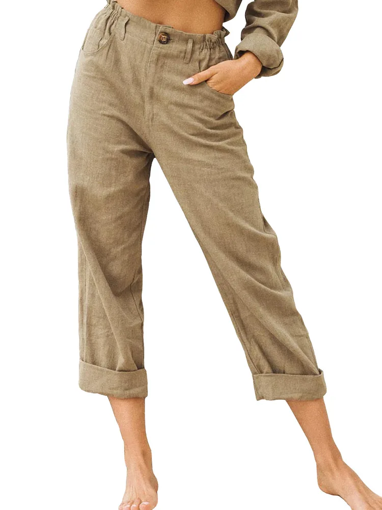 Women's Joggers Pants Fashion High Waist Casual Pants With Pockets - Khaki