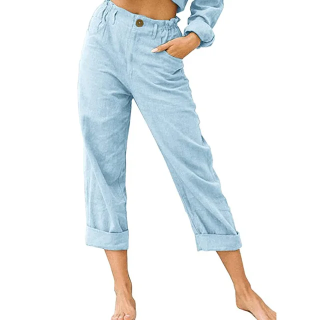Women's Joggers Pants Fashion High Waist Casual Pants With Pockets - Sky Blue