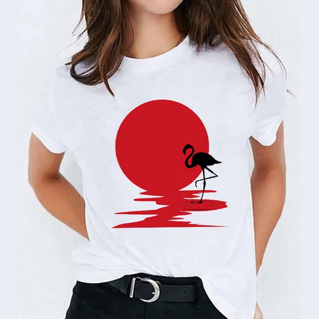 Cat Flamingo Round Neck Print T shirt Short Sleeve Women's Clothing Style 1003 - Shop at LoveMi