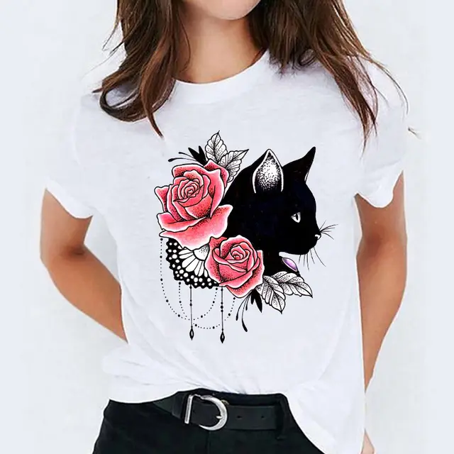 Cat Flamingo Round Neck Print T shirt Short Sleeve Women's Clothing Style 1005 - Shop at LoveMi