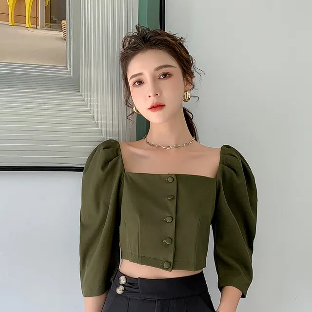 French Vintage Square Neck Shirt Female Army Green - Shop at LoveMi