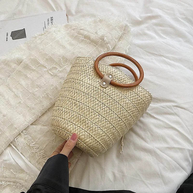 Ring Tote Braided Bag Casual One Shoulder Beige - Shop at LoveMi