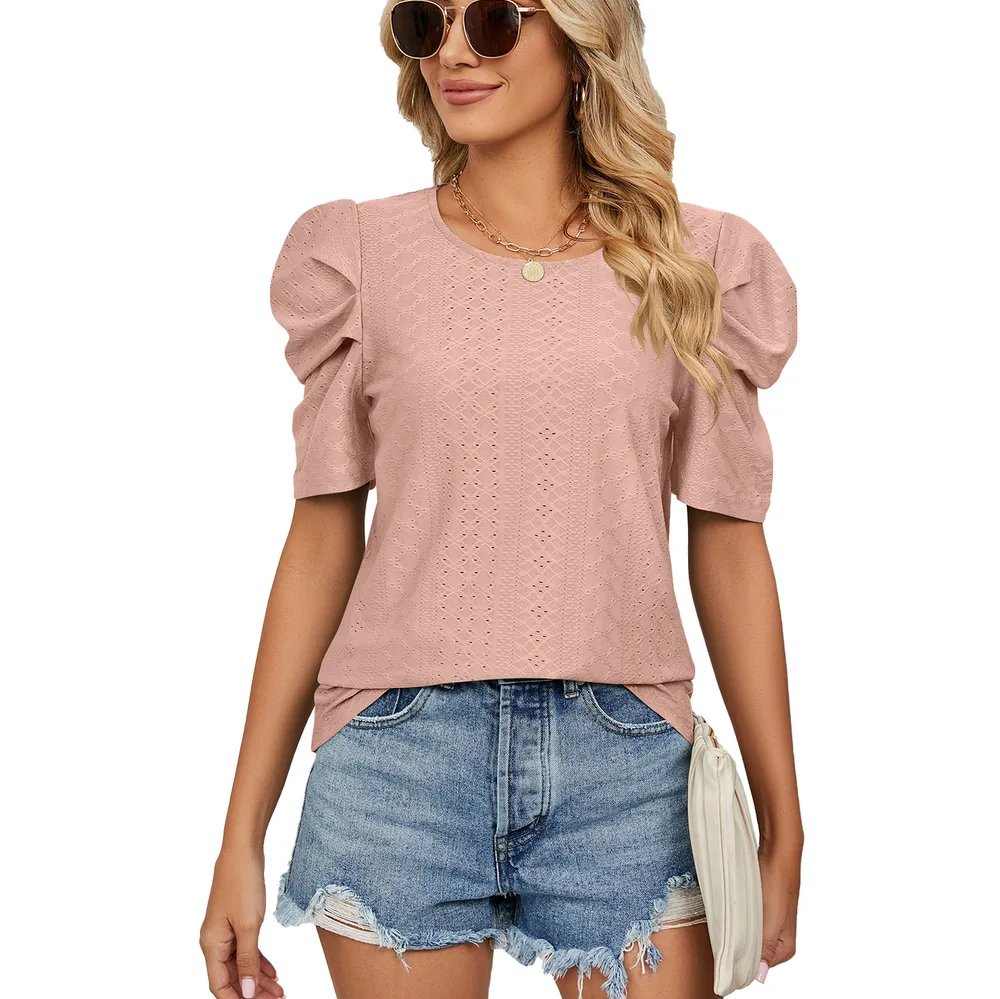 New Solid Color Round Neck Pleated Oversleeves Loose fitting T shirt Top Women Leather Pink - Shop at LoveMi