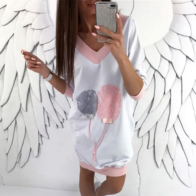 Women's V neck Color block Loose Lace Printed Mid length Long Sleeve Sweater Light Pink - Shop at LoveMi