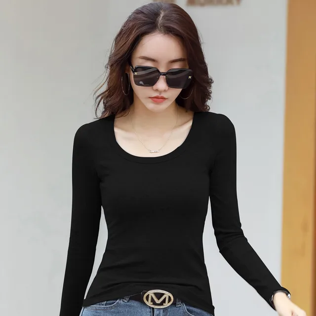 Exposed Collarbone Tight Foreign Style Long Sleeve Black - Shop at LoveMi