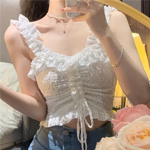 Solid Color Pleated Lace Drawcord Waistcoat Suspender For Women White - Shop at LoveMi