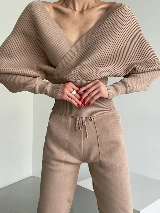 Leaky Shoulder Bat Sleeve V neck Foreign Style Knitted Sweater Two piece Set Camel - Shop at LoveMi