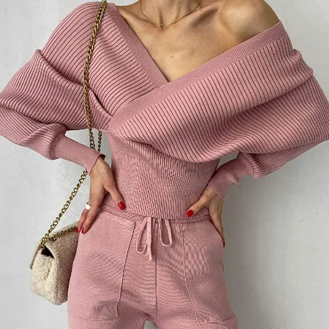 Leaky Shoulder Bat Sleeve V neck Foreign Style Knitted Sweater Two piece Set Pink - Shop at LoveMi