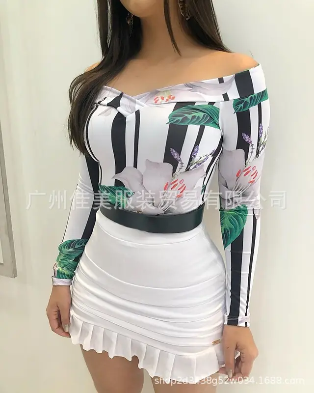 Sheath Off shoulder Long Sleeve Short Dress Suit White - Shop at LoveMi