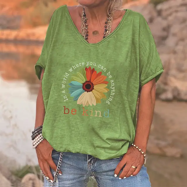 English Flower Female T shirt Printing Loose Green - Shop at LoveMi