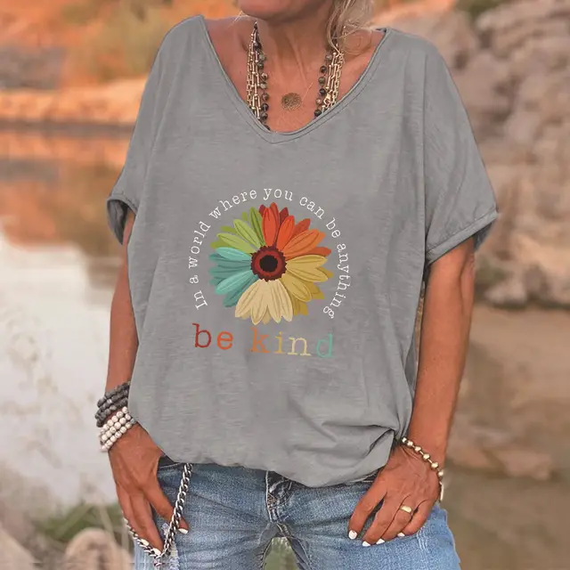 English Flower Female T shirt Printing Loose Grey - Shop at LoveMi