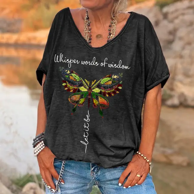Ladies English Butterfly Print T Shirt Loose Black - Shop at LoveMi
