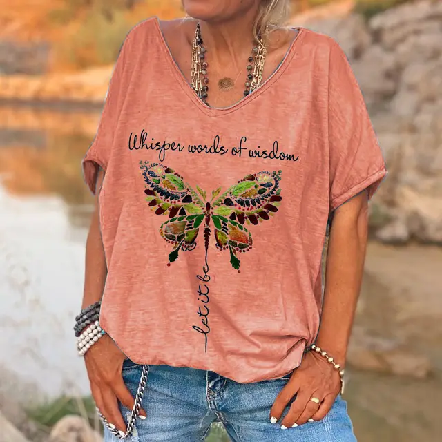 Ladies English Butterfly Print T Shirt Loose Red - Shop at LoveMi