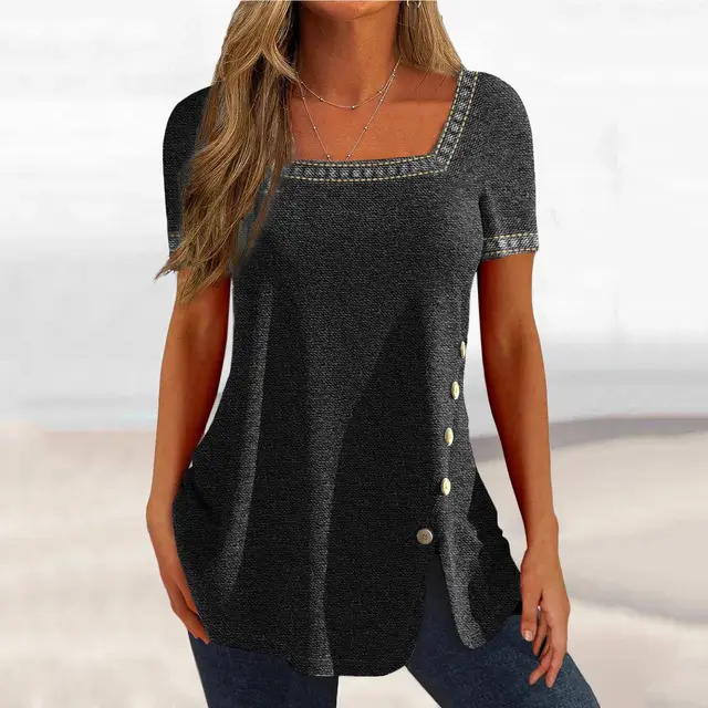 Printed Button Slit Short sleeved Top T shirt Women's Clothing Black - Shop at LoveMi