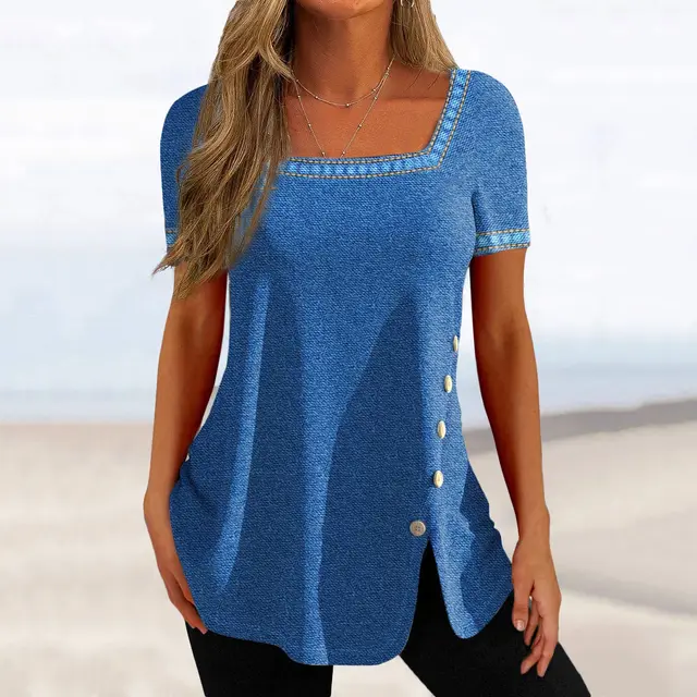 Printed Button Slit Short sleeved Top T shirt Women's Clothing Blue - Shop at LoveMi