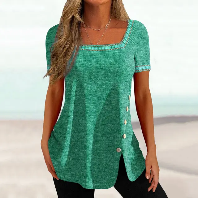 Printed Button Slit Short sleeved Top T shirt Women's Clothing Green - Shop at LoveMi