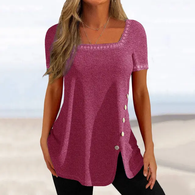 Printed Button Slit Short sleeved Top T shirt Women's Clothing Red - Shop at LoveMi