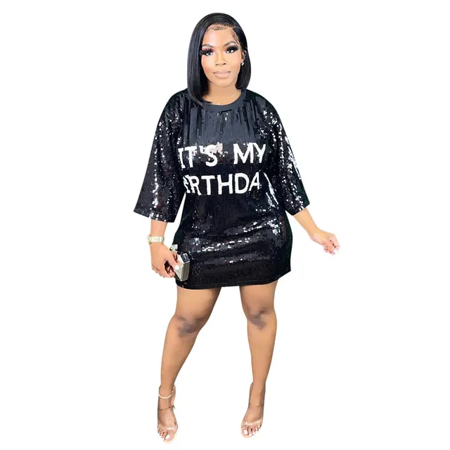 Women's Sequin Sequined Printed Round Neck Shirt With Half Sleeve Loose Dress Black - Shop at LoveMi