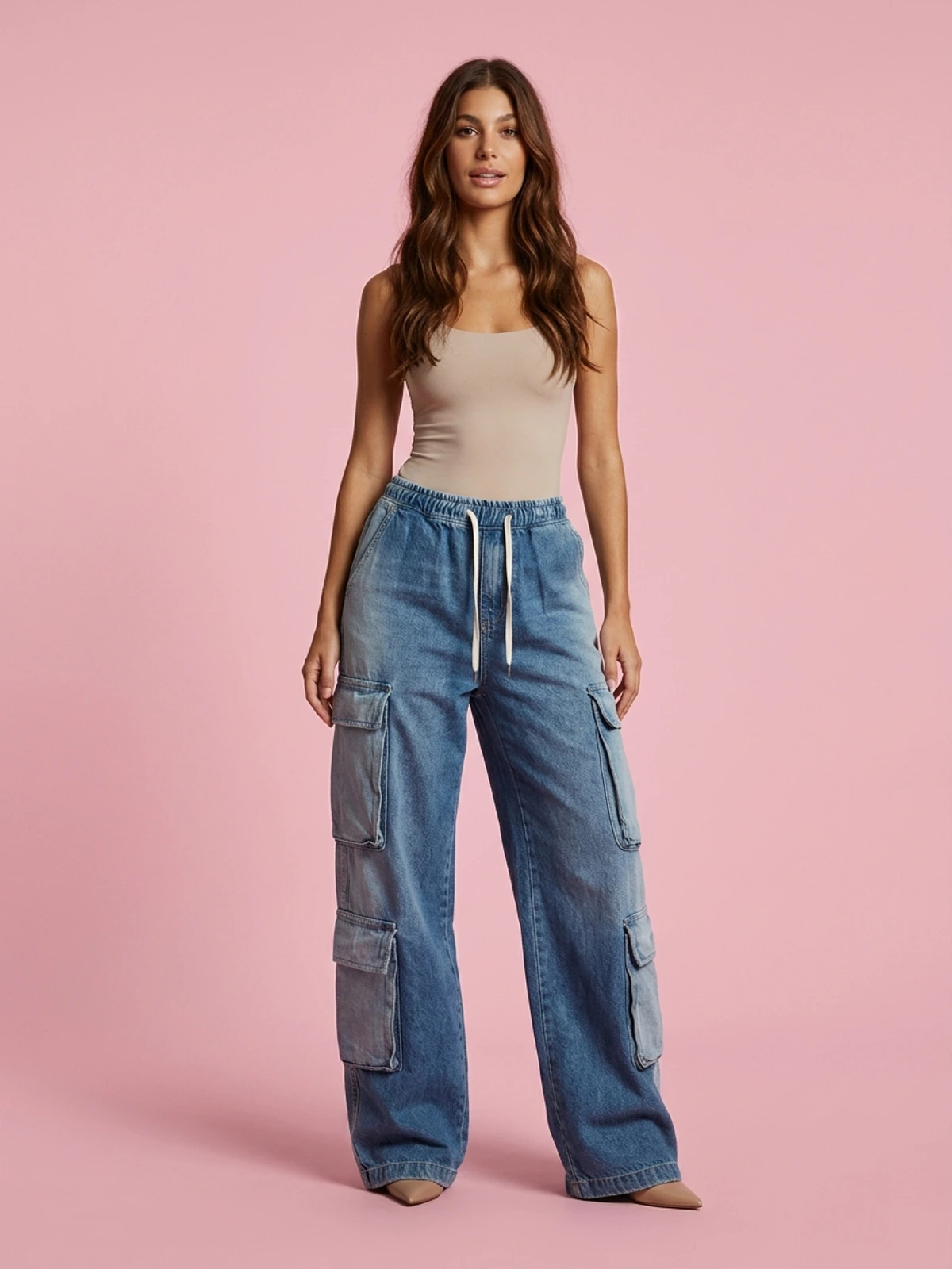 Vintage Multi Pocket Elastic Waist Jeans - Blue