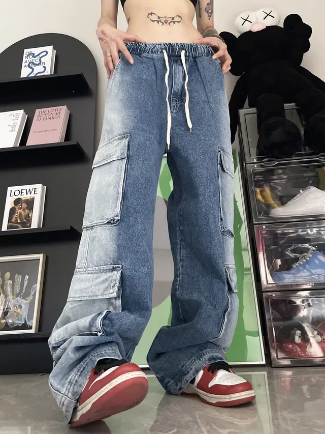 Vintage Multi Pocket Elastic Waist Jeans Blue - Shop at LoveMi