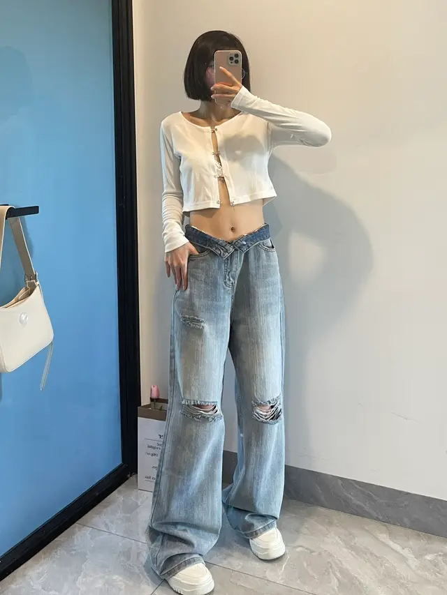 Fashionable Personality Broken Hole Jeans Female Blue - Shop at LoveMi