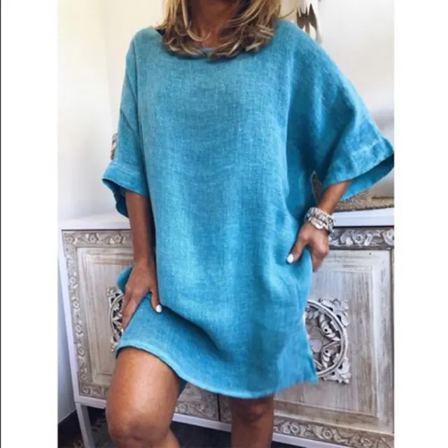 Summer Leisure Cotton And Linen Solid Color Hem Split Dress Blue - Shop at LoveMi