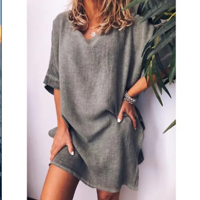 Summer Leisure Cotton And Linen Solid Color Hem Split Dress Gray - Shop at LoveMi