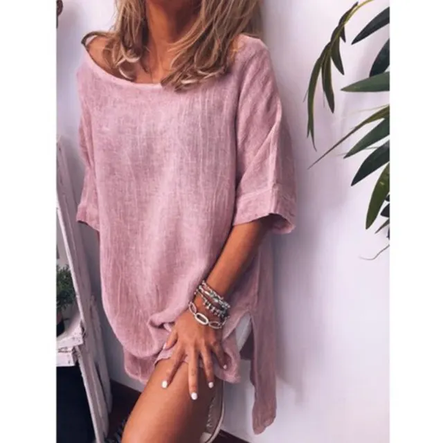 Summer Leisure Cotton And Linen Solid Color Hem Split Dress Pink - Shop at LoveMi
