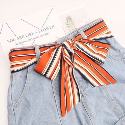 Fashion Women's Ribbon Belt With Skirt Chiffon Thin Narrow Long Small Scarf Striped Orange - Shop at LoveMi