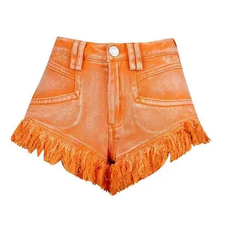 Women's Plus Size High Waist Tassel Denim Shorts - Orange
