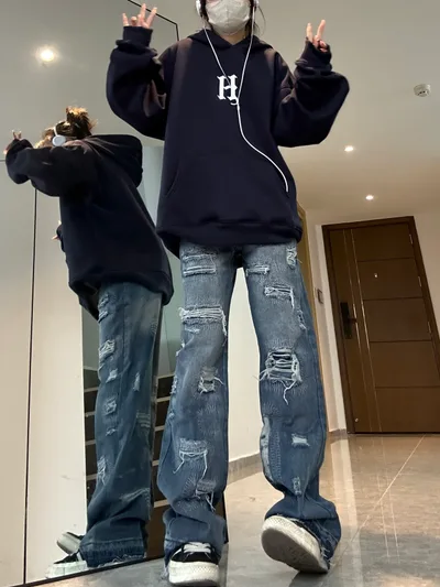 Women's High Street Patched Ripped Jeans Blue - Shop at LoveMi