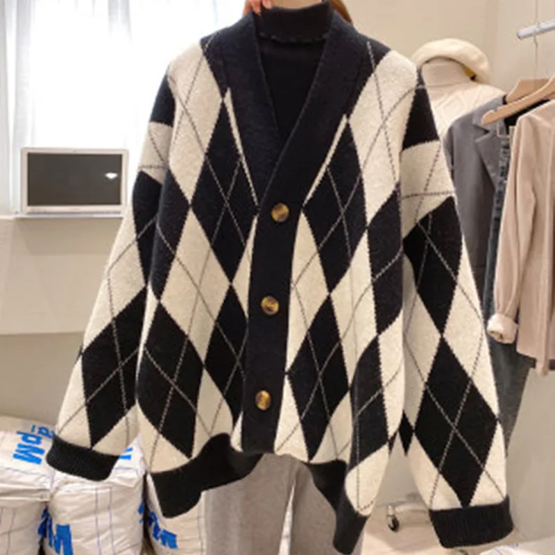Retro Lazy Loose Rhombus Mid Length Jacket Black - Shop at LoveMi