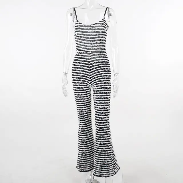Sexy Big Backless Sling Show Chest Hip lifting Striped One piece Bell bottom Pants Black - Shop at LoveMi