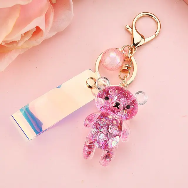 Acrylic Oil filled Bear Keychain Pink - Shop at LoveMi