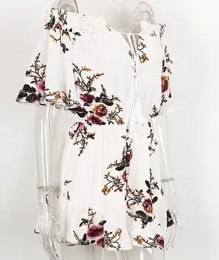 Fashion Ladies Off Neck Printed Chiffon Jumpsuit - White