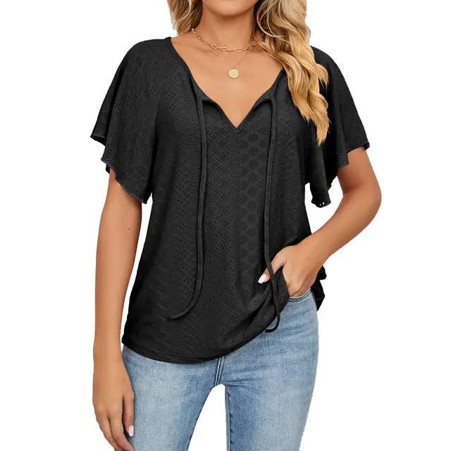 Spring And Summer New Solid Color And V neck Lace up Short Sleeve Loose T shirt Top Black - Shop at LoveMi