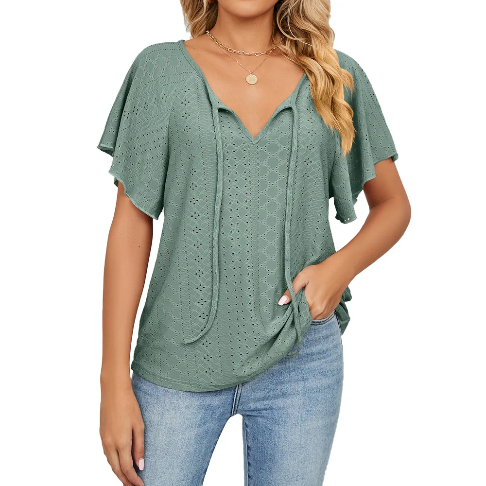 Spring And Summer New Solid Color And V neck Lace up Short Sleeve Loose T shirt Top Dark Green - Shop at LoveMi