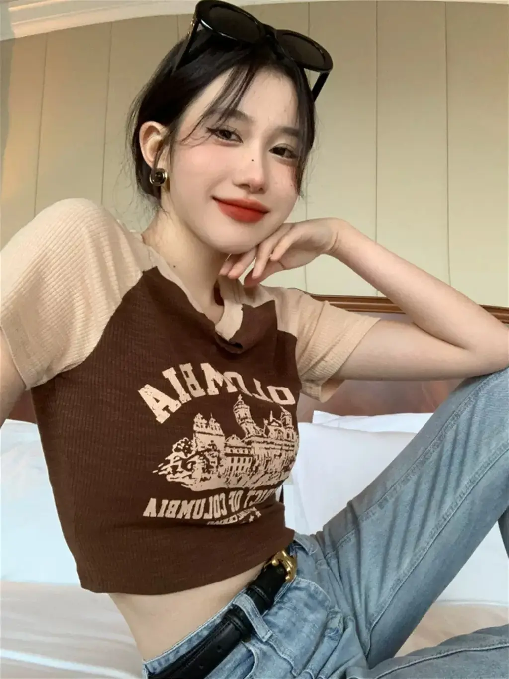 Women's Summer Design Sense Niche Colour Contrast Short Top - Coffee