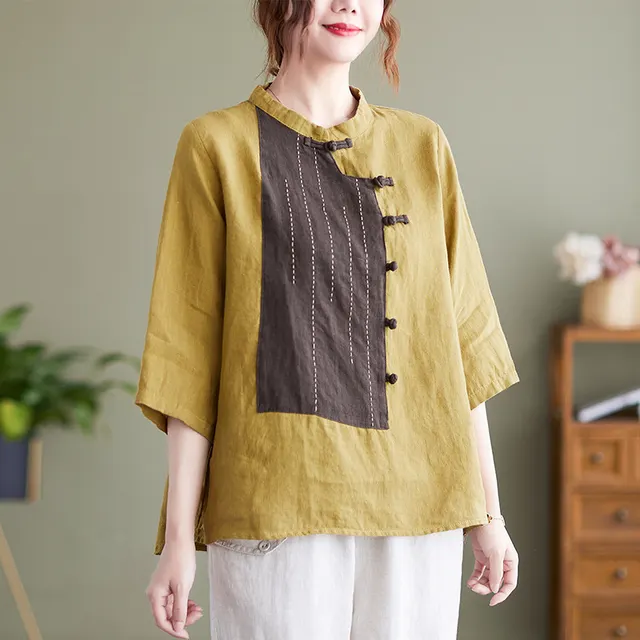 Stand Up Collar Button Contrast Patchwork Cotton Linen Shirt Mustard - Shop at LoveMi