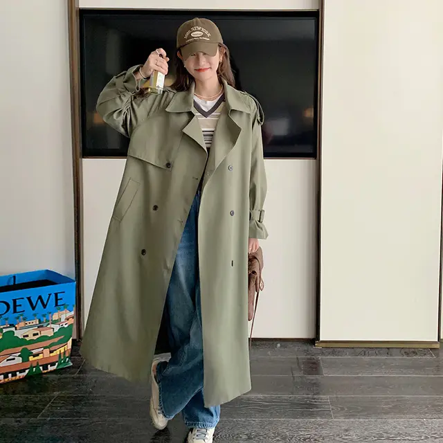 Women's Design Sense Long Windbreaker Loose Army Green - Shop at LoveMi