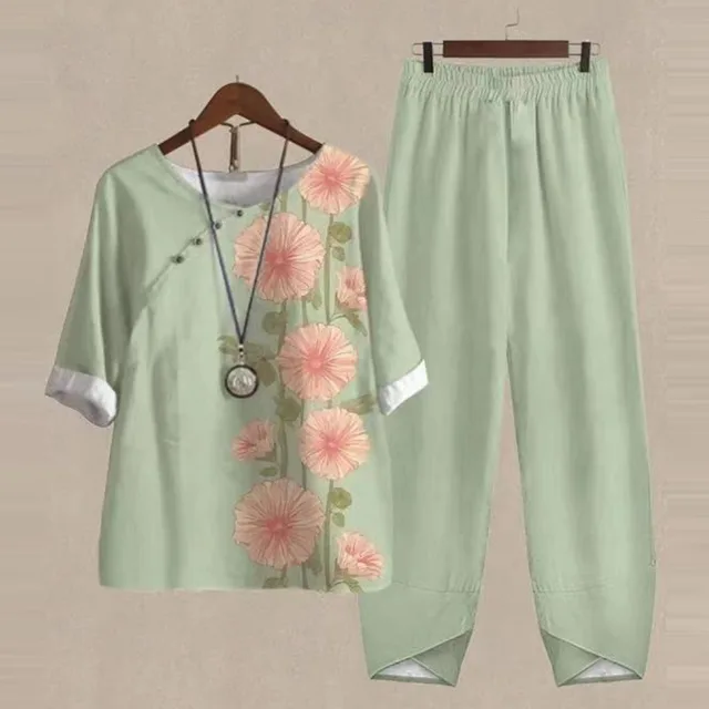 Women's Spring Five quarter Sleeve Printed Top Two piece Pants Light Green - Shop at LoveMi