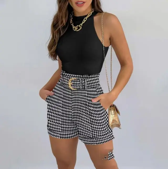 Autumn European And American Black Vest Houndstooth Shorts Suit Belt Black - Shop at LoveMi