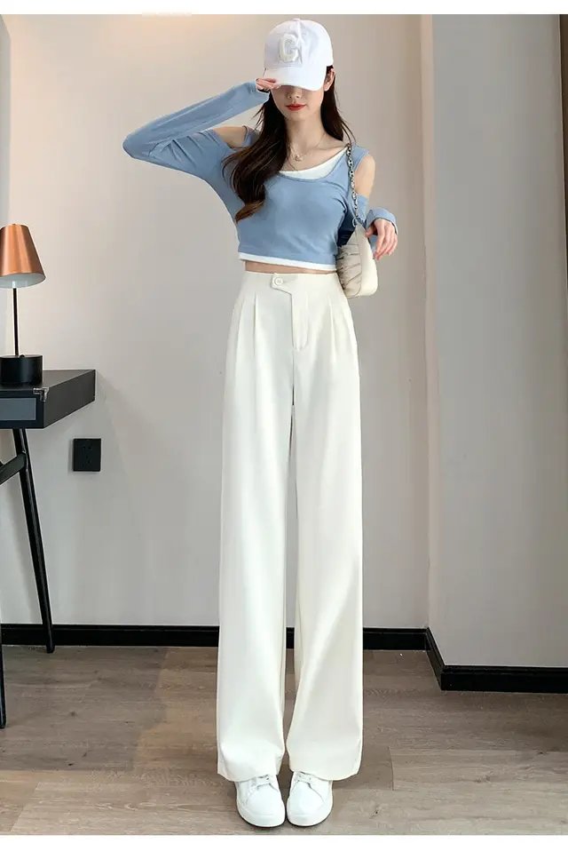 Suit Wide legged Pants Women Loose Drape Casual Beige - Shop at LoveMi