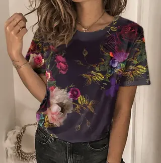 Printed Short Sleeve Round Neck T Shirt - Color5 - View 1